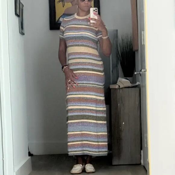 BA&SH Striped Crochet Knit Midi Dress MEDIUM Tshirt Daytime Cotton Designer $375 - Picture 9 of 15